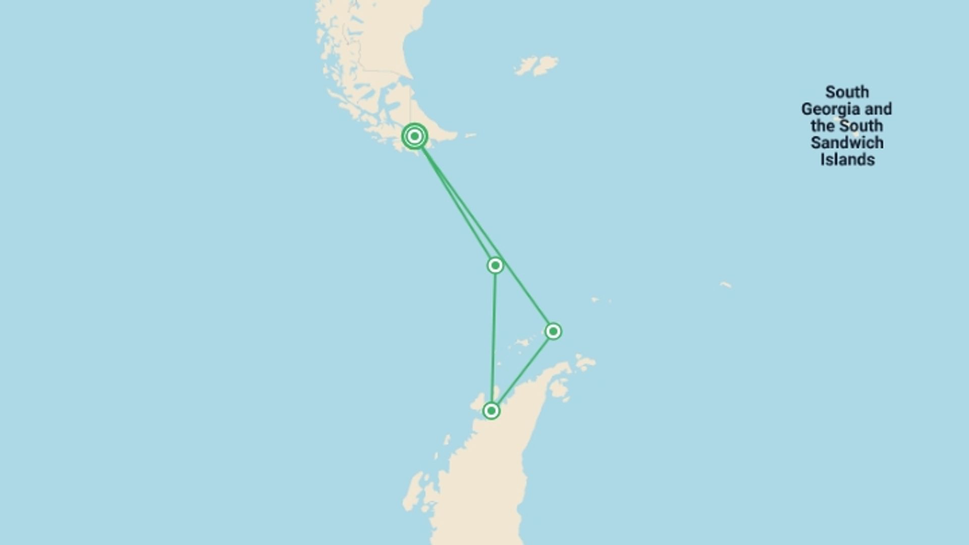 A map showing the tour itinerary for the trip: Celebrating New Year's in Antarctica (Ocean Albatros), starting in Ushuaia, Argentina and ending in Ushuaia, Argentina going through 3 other destinations.