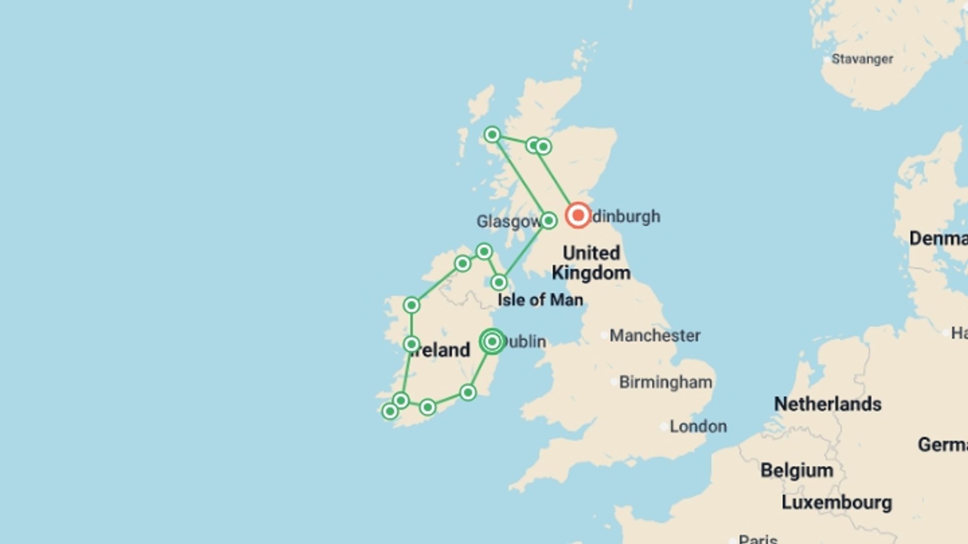 A map showing the tour itinerary for the trip: Best of Ireland and Scotland - Signature, starting in Dublin, Ireland and ending in Edinburgh, Scotland going through 8 other destinations.