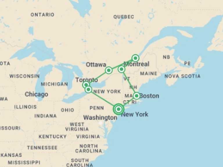 Map of Toronto City sightseeing Tour with 7 destination visits for the trip: East Coast and Dreamed Canada