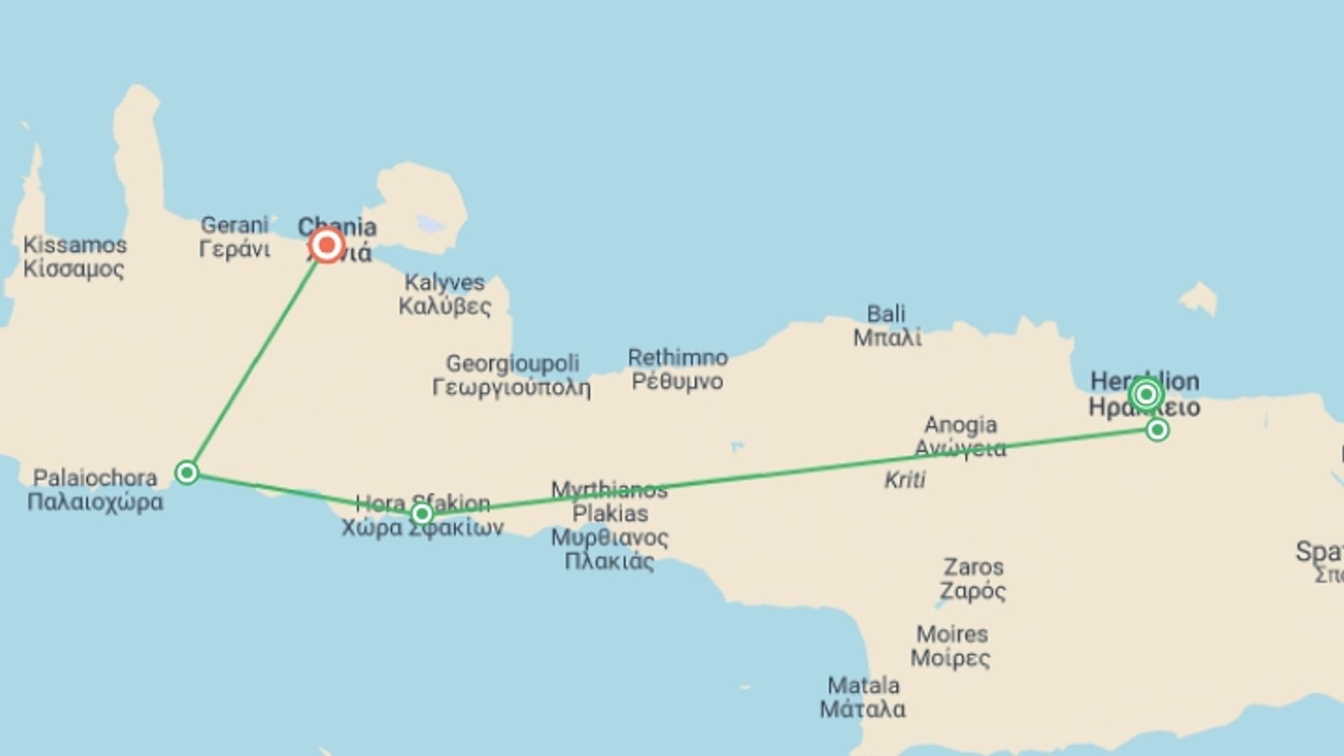 A map showing the tour itinerary for the trip: Highlights of Crete, starting in Heraklion, Greece and ending in Chania, Greece going through 2 other destinations.