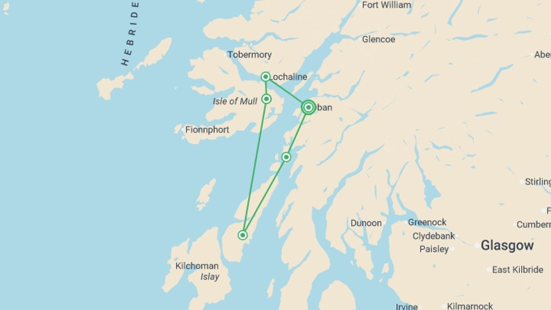 A map showing the tour itinerary for the trip: Scotland by Bike and Boat, starting in Oban, Scotland and ending in Oban, Scotland going through 4 other destinations.