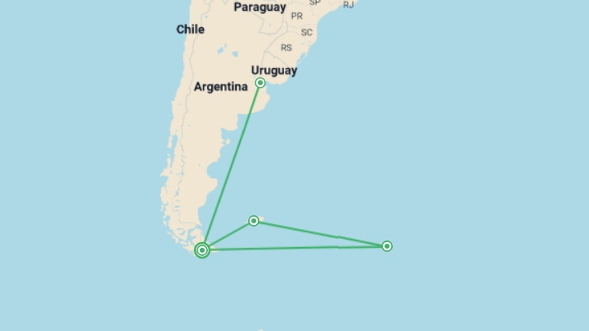 A map showing the tour itinerary for the trip: Falklands, South Georgia, and Antarctica: Explorers and Kings, starting in Ushuaia, Argentina and ending in Ushuaia, Argentina going through 4 other destinations.