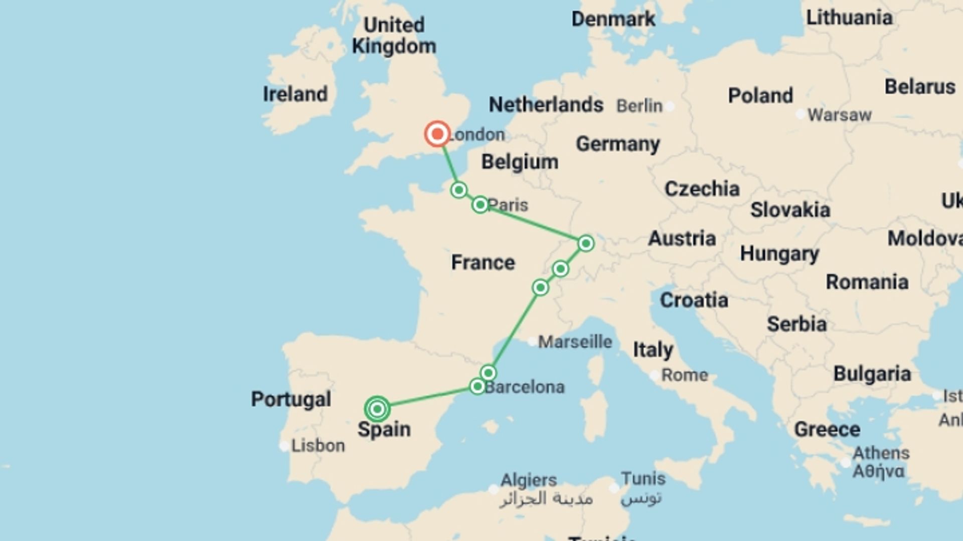 A map showing the tour itinerary for the trip: Essential Europe end London, starting in Madrid, Spain and ending in London, England going through 7 other destinations.