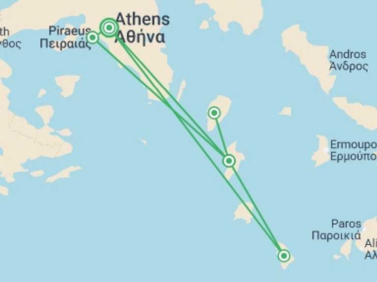 Map itinerary of Europe Tour in May 2026 with 5 destination visits for the trip: Greek Islands Bike & Boat