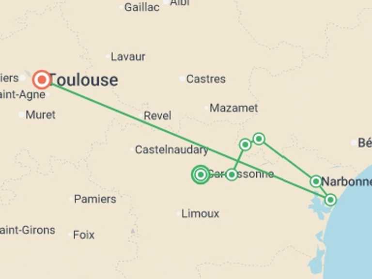 Map of Europe Natural landmarks sightseeing Tour with 7 destination visits for the trip: Cycling in France - Canals and Castles of the Midi