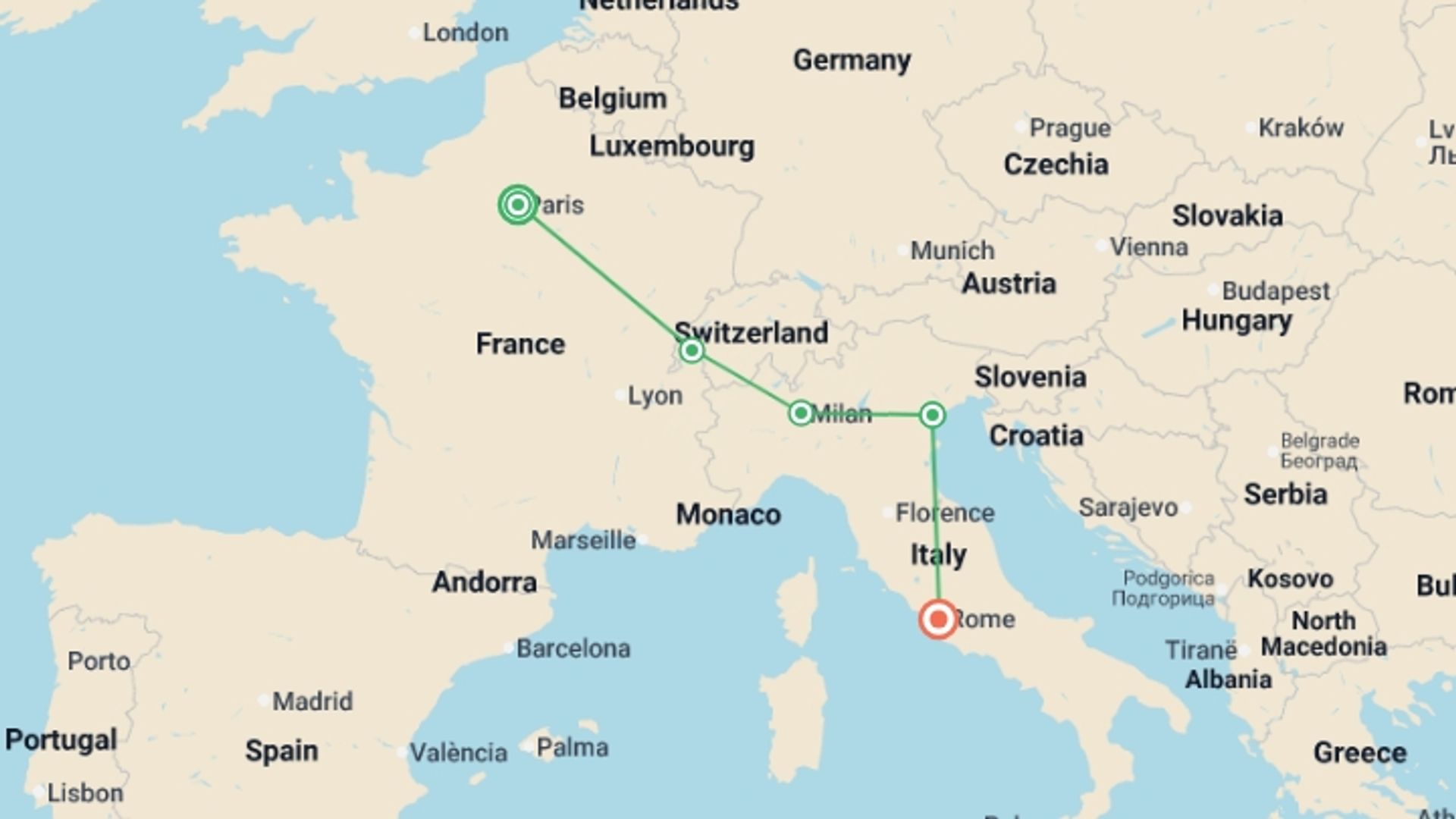 A map showing the tour itinerary for the trip: Paris to Rome by Train, starting in Paris, France and ending in Rome, Italy going through 3 other destinations.