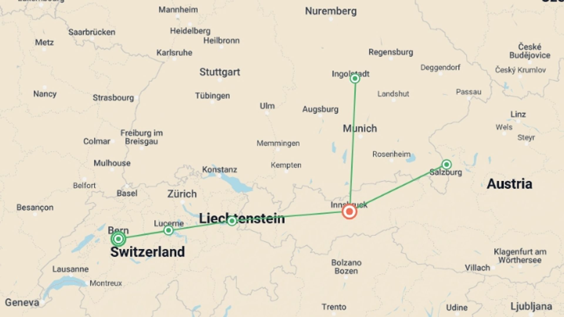 A map showing the tour itinerary for the trip: Discover Switzerland, Austria & Bavaria , starting in Bern, Switzerland and ending in Innsbruck, Austria going through 2 other destinations.