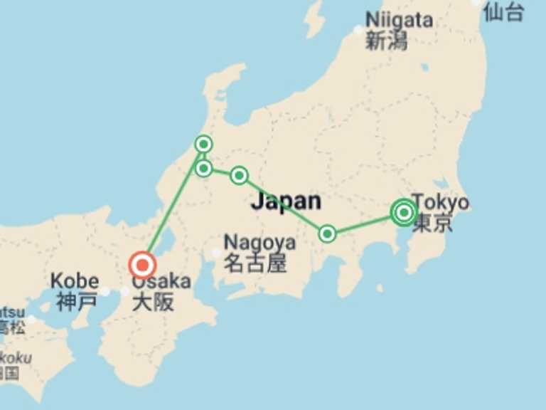 Map itinerary of Asia Tour in April 2026 with 4 destination visits for the trip: Classic Japan Starting Tokyo
