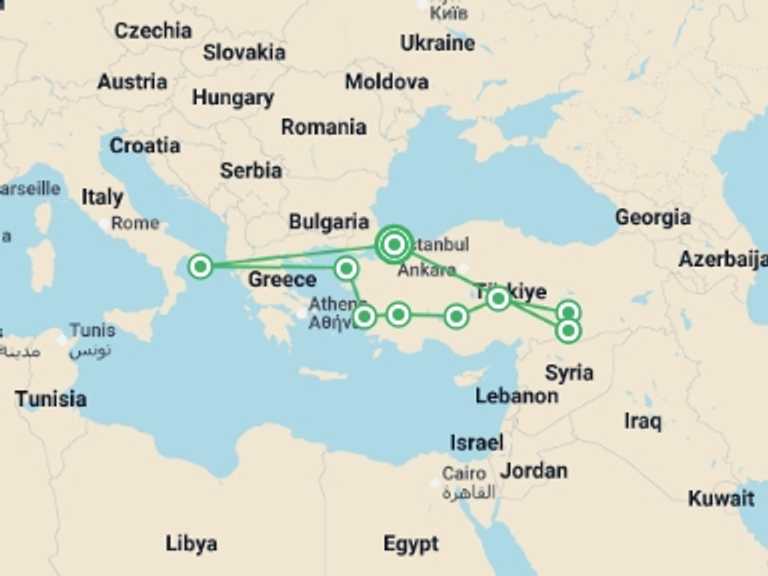 Map itinerary of Istanbul Tour in October 2026 with 9 destination visits for the trip: Crossroads of Turkey