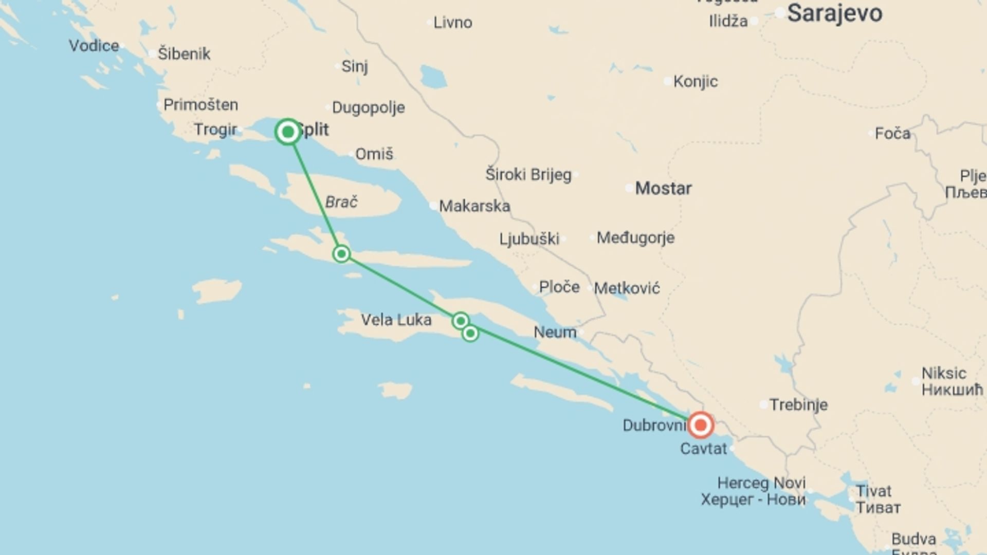 A map showing the tour itinerary for the trip: Cycling Croatia's Dalmatian Coast (2026), starting in Split, Croatia and ending in Dubrovnik, Croatia going through 3 other destinations.