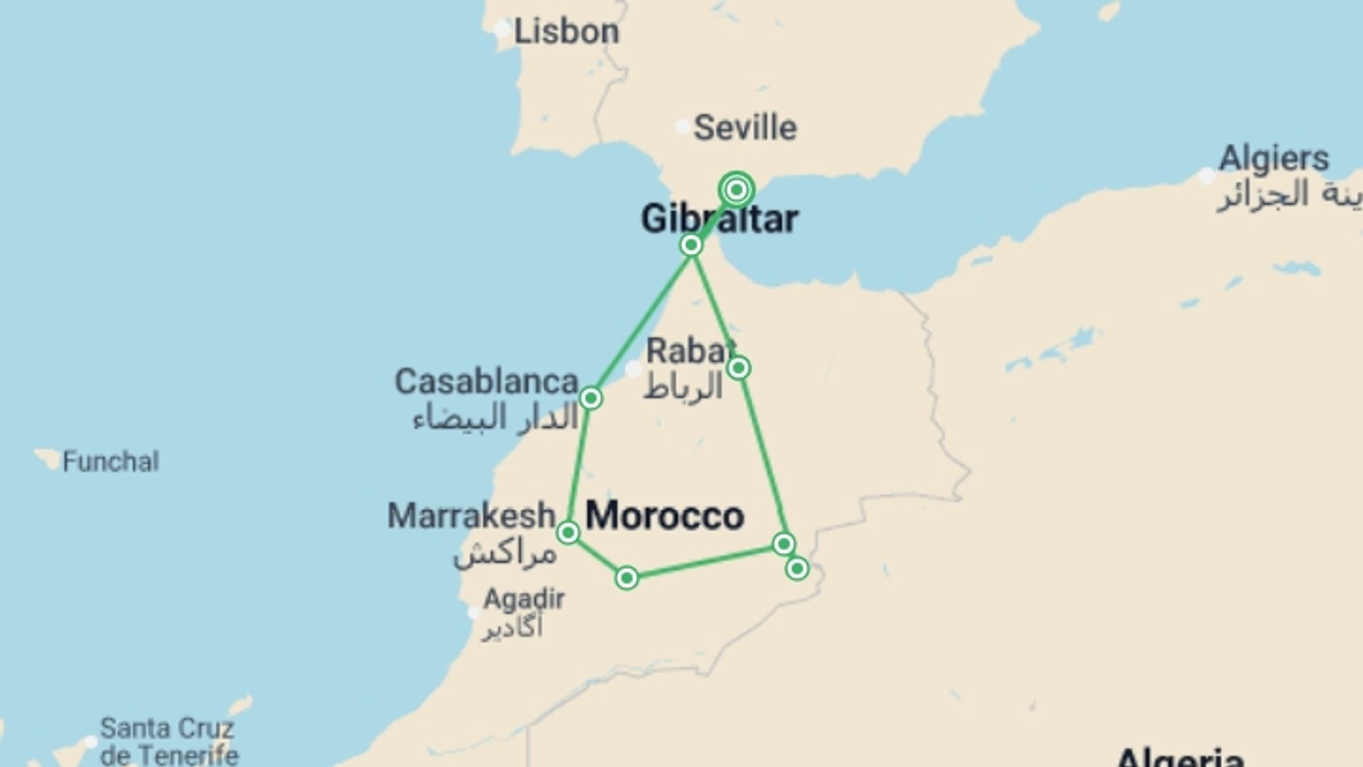 A map showing the tour itinerary for the trip: Morocco Explorer From Costa del Sol - 9 days , starting in Costa del Sol, Spain and ending in Costa del Sol, Spain going through 7 other destinations.