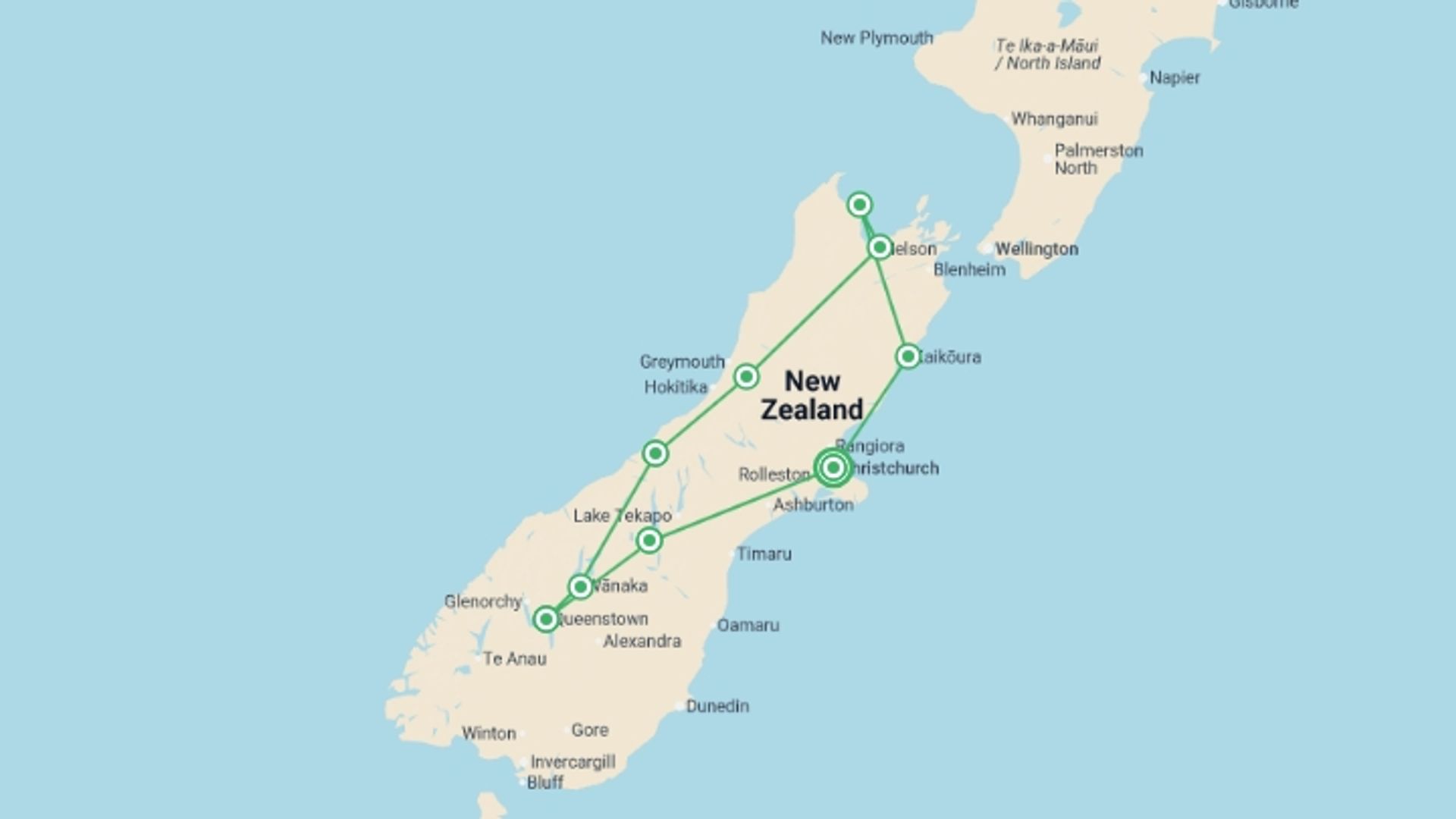 A map showing the tour itinerary for the trip: New Zealand – South Island Multisport, starting in Christchurch, New Zealand and ending in Christchurch, New Zealand going through 8 other destinations.