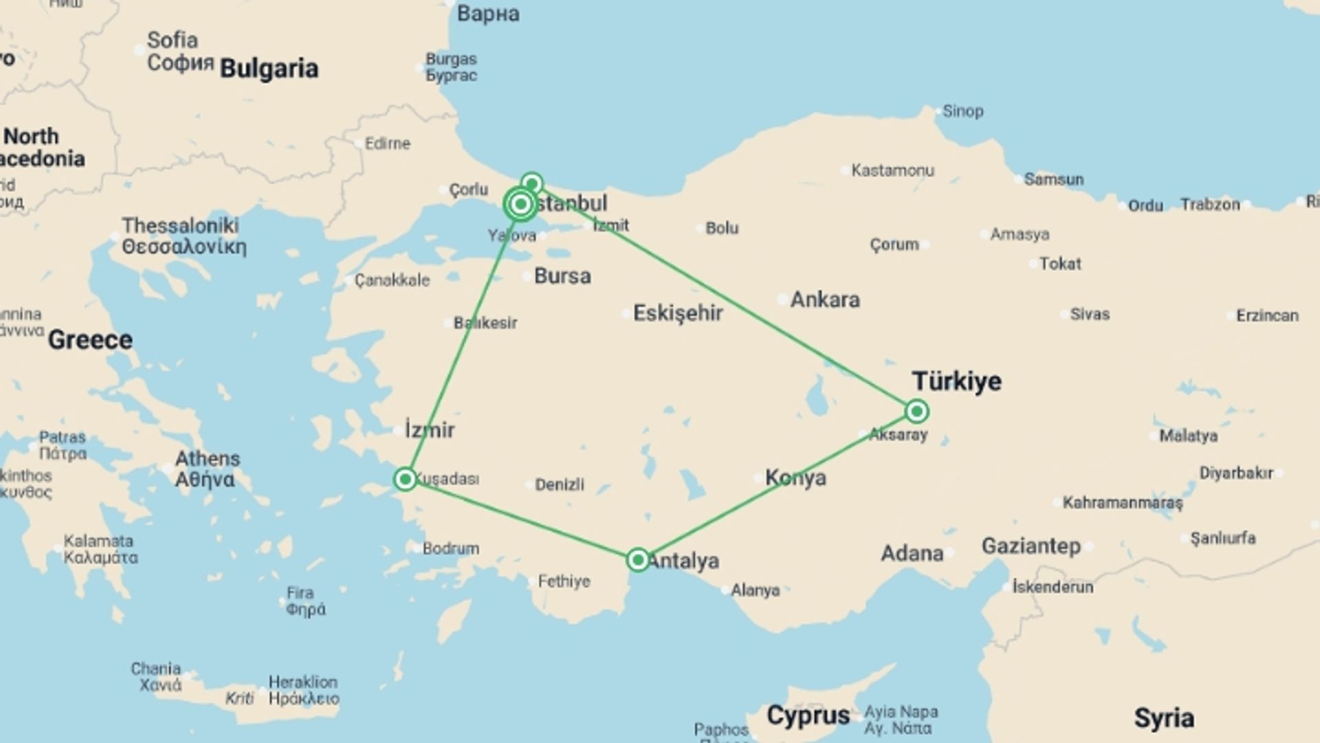 A map showing the tour itinerary for the trip: Turkish Breeze, starting in Istanbul, Turkey and ending in Istanbul, Turkey going through 3 other destinations.