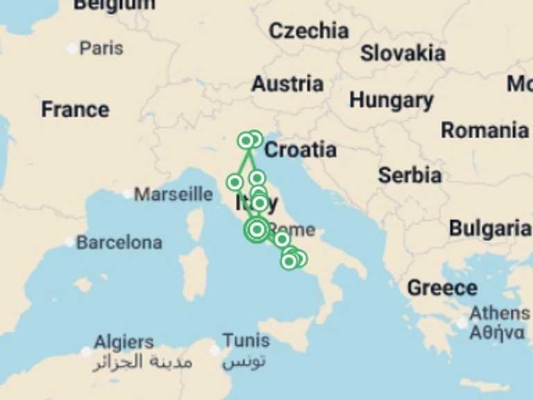 Map itinerary of Europe Tour in July 2026 with 6 destination visits for the trip: In the heart of Italy and Campania