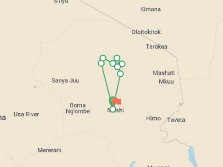 Map of Moshi Climbing Tour with 9 destination visits for the trip: Kilimanjaro - Machame Route