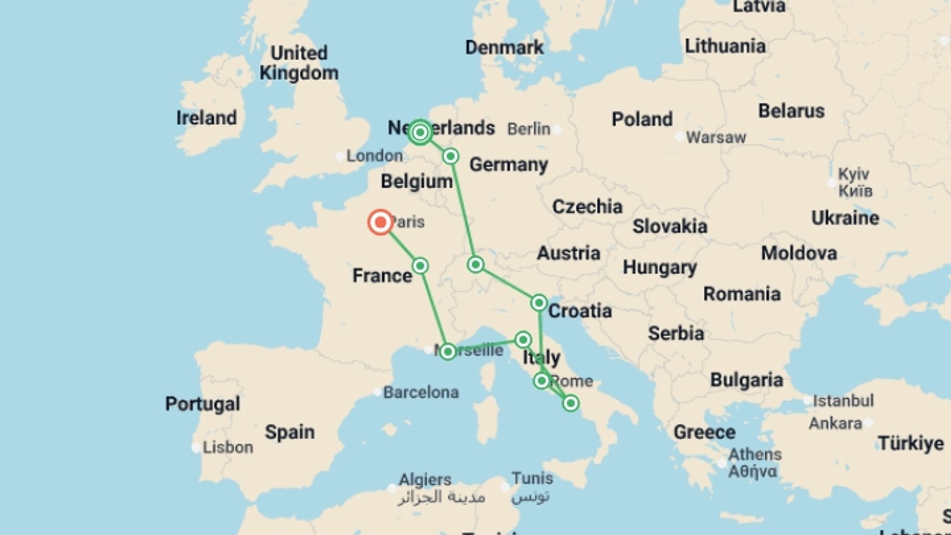 A map showing the tour itinerary for the trip: European Cavalcade, starting in Amsterdam, Holland and ending in Paris, France going through 9 other destinations.