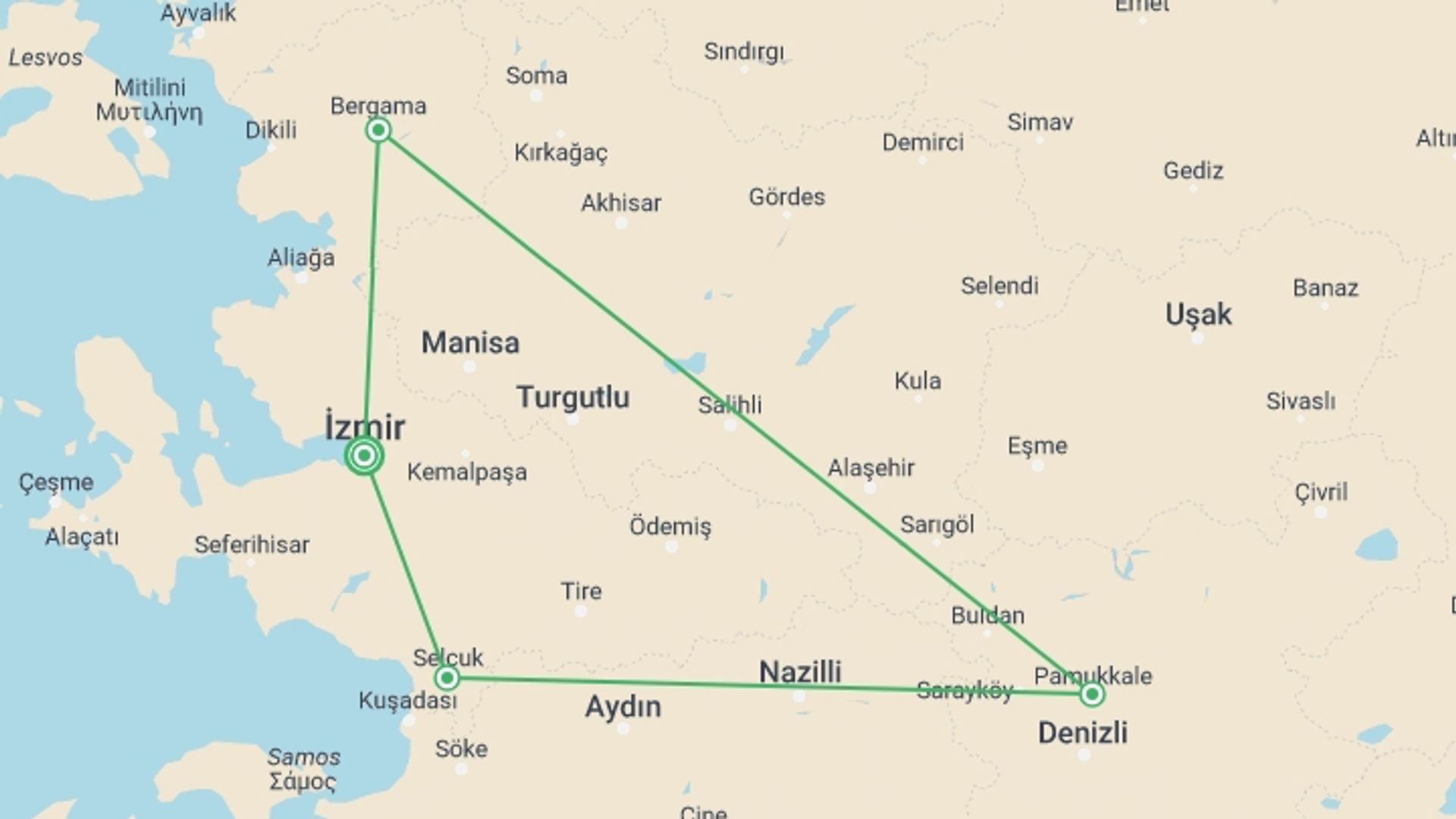 A map showing the tour itinerary for the trip: 5 Days - Seven Churches Of Revelation, starting in Izmir, Turkey and ending in Izmir, Turkey going through 4 other destinations.