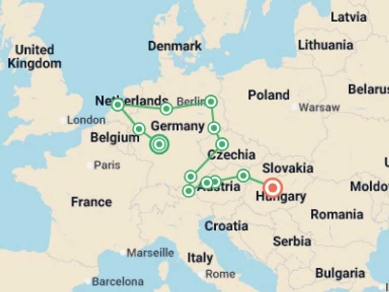 Map itinerary of Europe Tour in November 2026 with 8 destination visits for the trip: From Frankfurt to Budapest