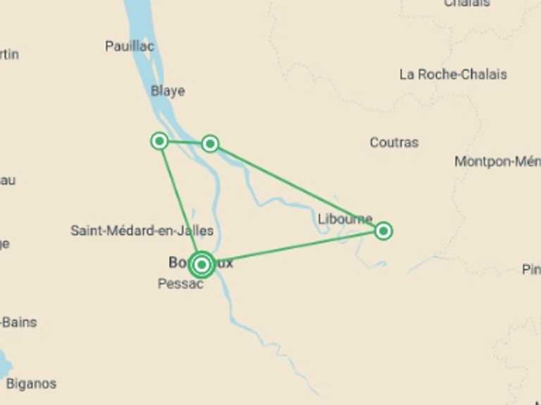 Map of Europe Tour with 4 destination visits for the trip: Bordeaux Vineyard Cycle