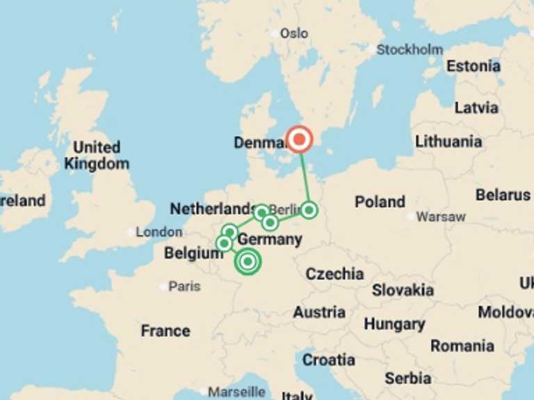 Map of Europe Tour with 5 destination visits for the trip: German Trek End Copenhagen