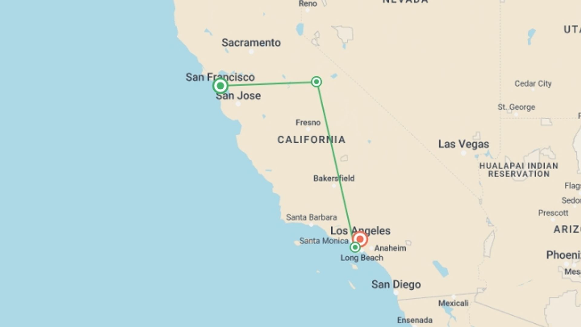 A map showing the tour itinerary for the trip: USA Road Trip — Yosemite Hiking & Cali Surfing, starting in San Francisco, USA and ending in Los Angeles, USA going through 2 other destinations.