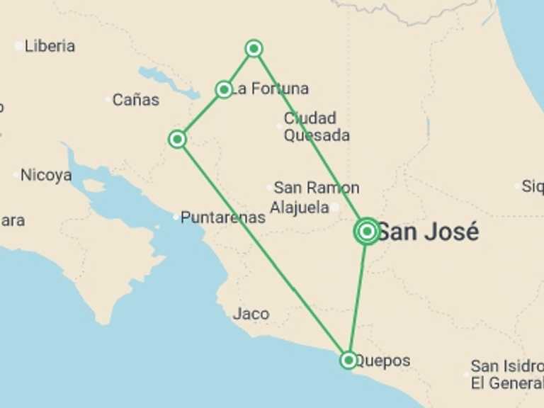 Map itinerary of Central America Tour in September 2026 with 8 destination visits for the trip: Costa Rica Experience