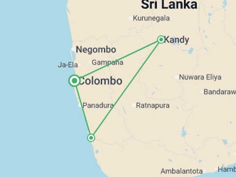 Map itinerary of Asia Tour in Winter with 3 destination visits for the trip: Colombo, Kandy & Beach 5 star - 4 days