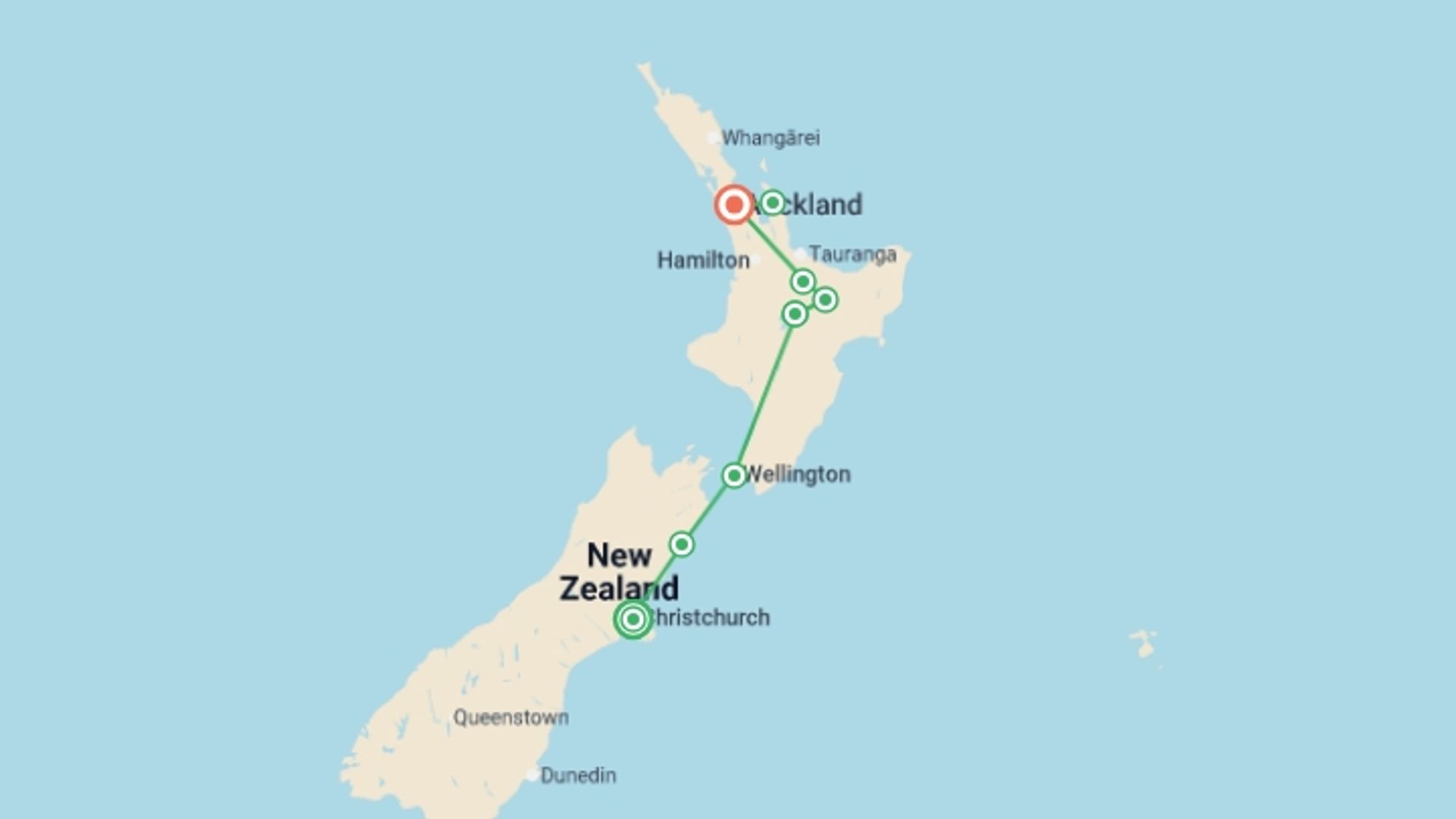 A map showing the tour itinerary for the trip: New Zealand's South to North Island Adventure, starting in Christchurch, New Zealand and ending in Auckland, New Zealand going through 6 other destinations.
