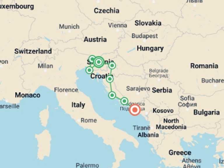 Map of 15-Day Europe Tour with 8 destination visits for the trip: Highlights of Slovenia & Croatia
