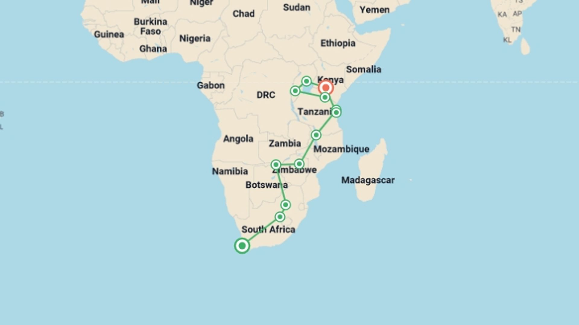 A map showing the tour itinerary for the trip: Cape Town To Nairobi (100 Days), starting in Cape Town, South Africa and ending in Nairobi, Kenya going through 10 other destinations.