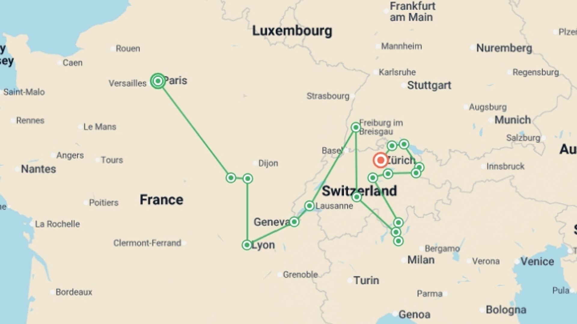 A map showing the tour itinerary for the trip: France and Swiss Alps, starting in Paris, France and ending in Zurich, Switzerland going through 5 other destinations.