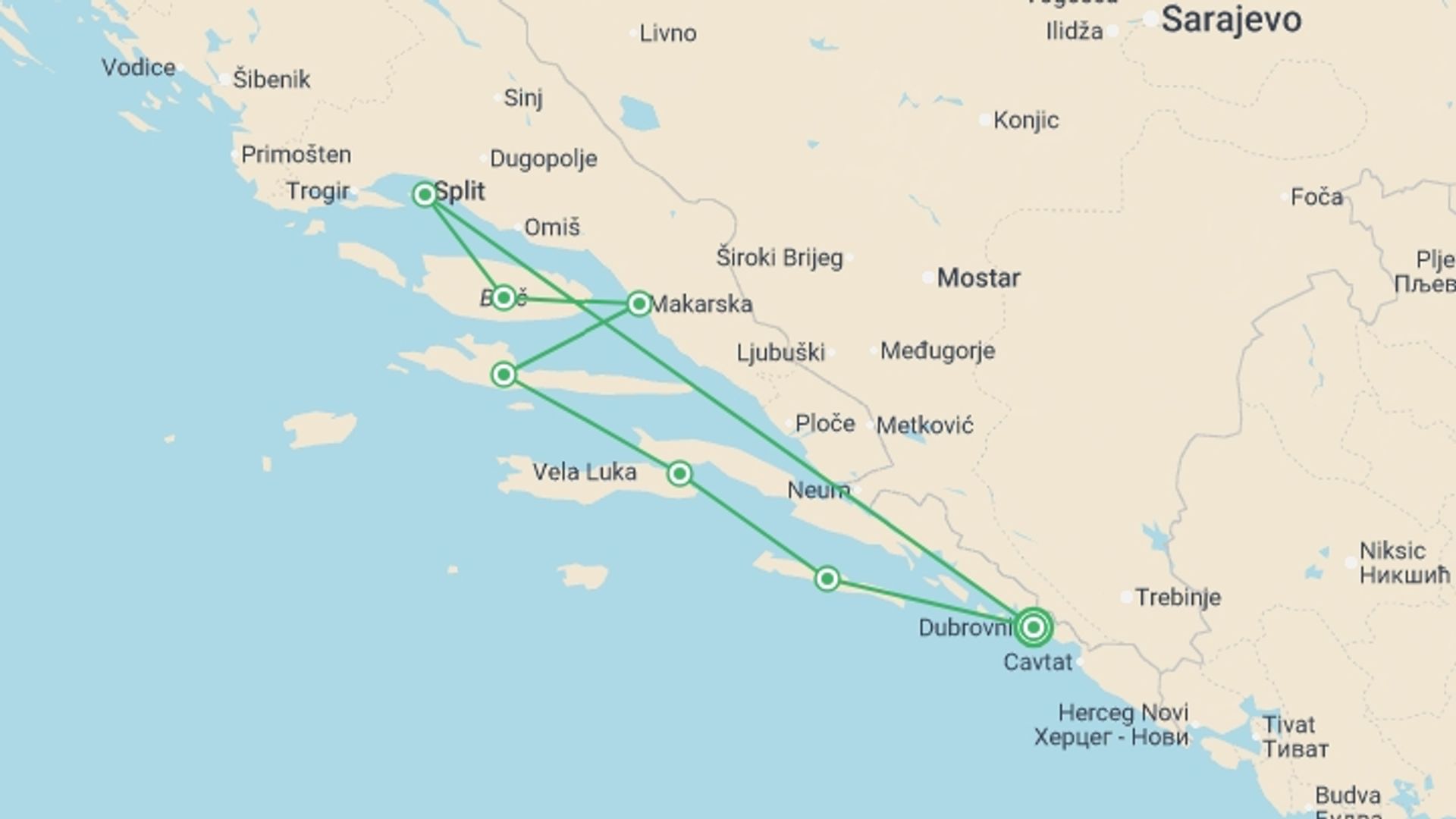A map showing the tour itinerary for the trip: Croatia Sail – 18 to 35s / Premier Boat, starting in Dubrovnik, Croatia and ending in Dubrovnik, Croatia going through 6 other destinations.