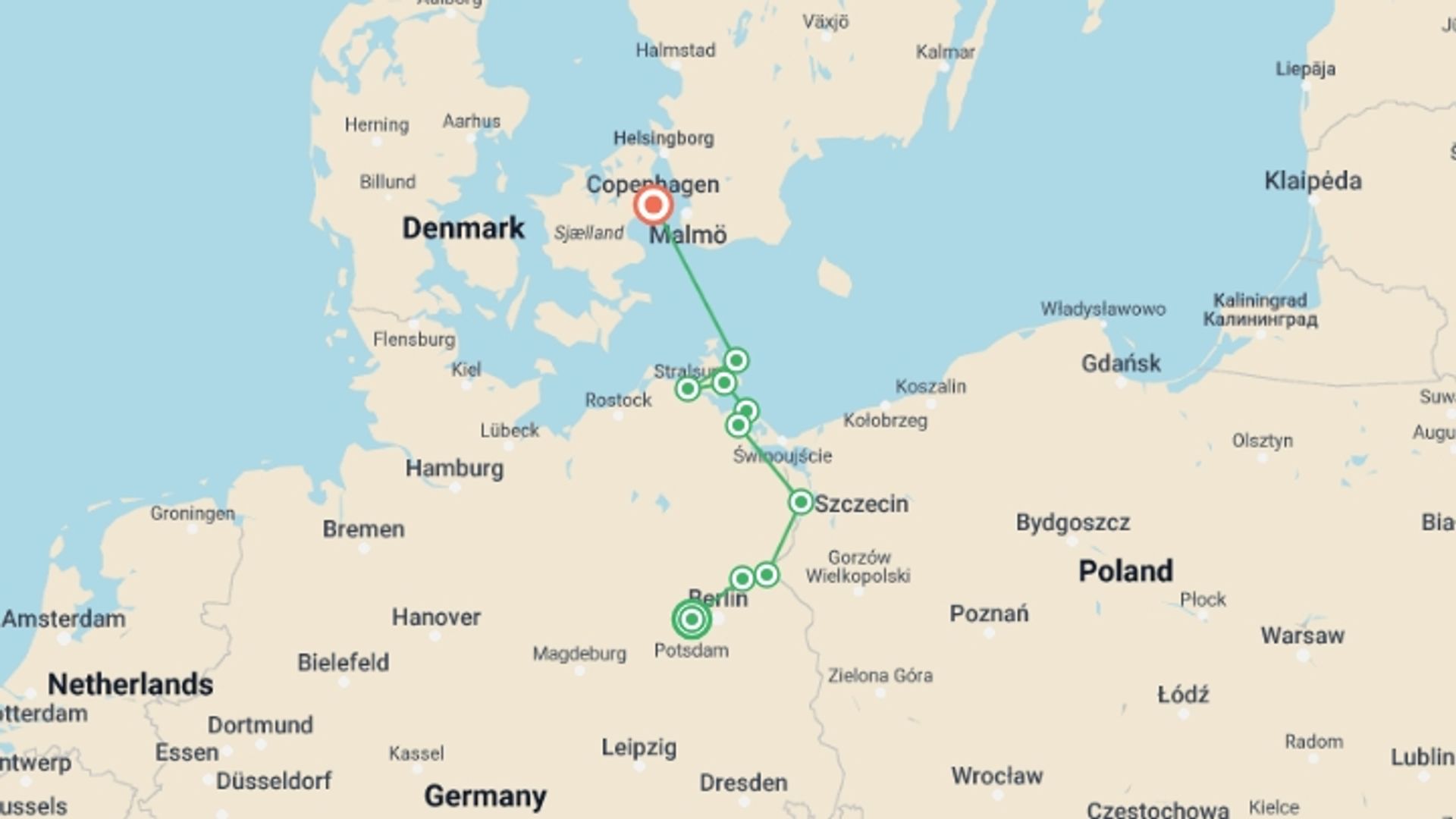 A map showing the tour itinerary for the trip: From Berlin to Copenhagen The Havel, the Oder and the Baltic sea (port-to-port cruise), starting in Spandau, Germany and ending in Copenhagen, Denmark going through 6 other destinations.