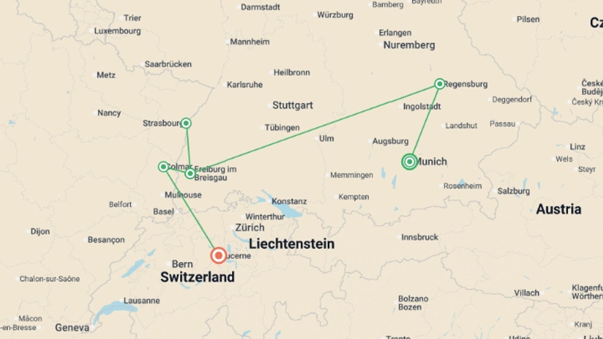 A map showing the tour itinerary for the trip: Enchanting Christmas Markets of Germany, Switzerland and France , starting in Munich, Germany and ending in Lucerne, Switzerland going through 0 other destinations.