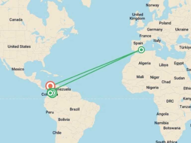 Map of South America Tour with 5 destination visits for the trip: 12-day All Colours Of Colombia – Bogotá, Coffee Region, Medellín & Cartagena, French-speaking Guide