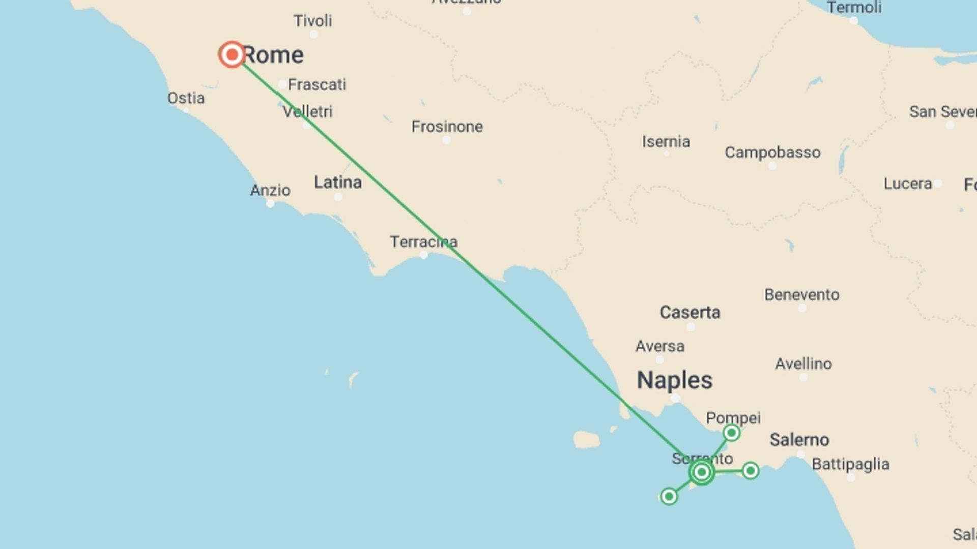 A map showing the tour itinerary for the trip: Flavors Of Sorrento And Rome, starting in Sorrento, Italy and ending in Rome, Italy going through 0 other destinations.