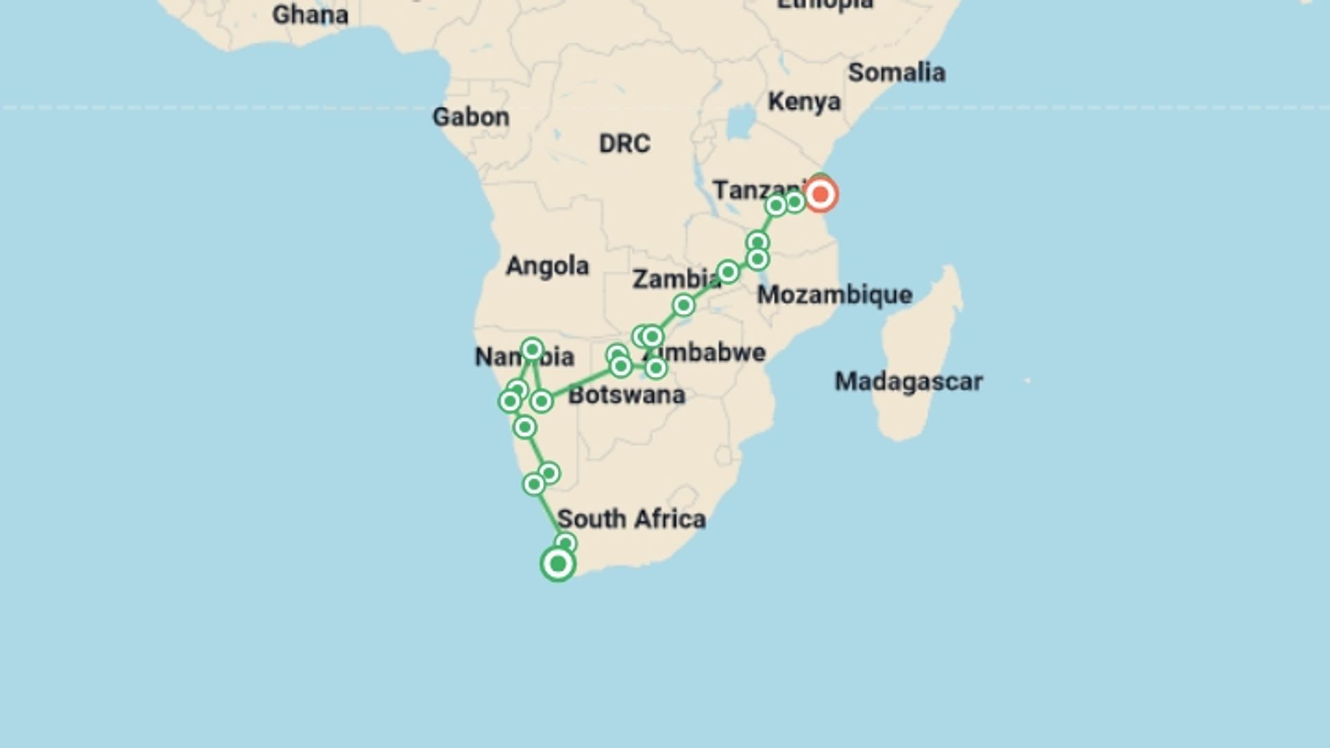 A map showing the tour itinerary for the trip: 35-day Cape Town to Zanzibar Accommodated, starting in Cape Town, South Africa and ending in Dar Es Salaam, Tanzania going through 21 other destinations.