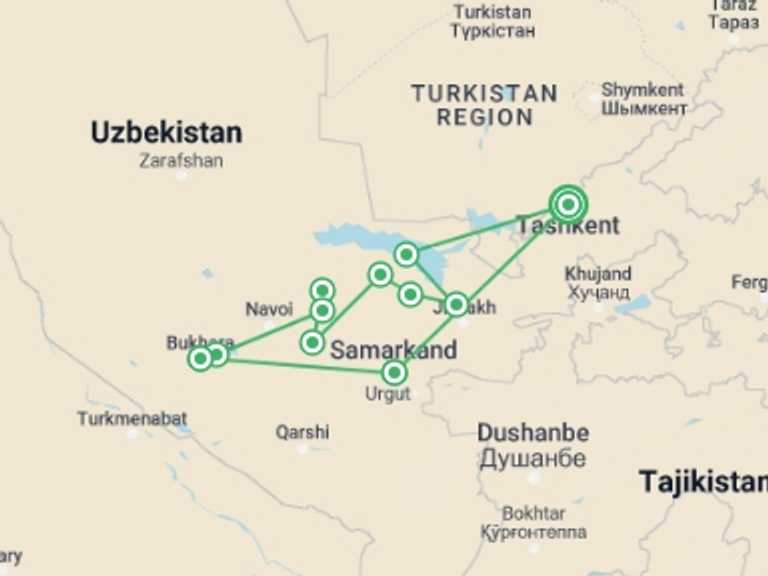 Map itinerary of Uzbekistan Tour in September 2025 with 11 destination visits for the trip: Uzbekistan by Bike