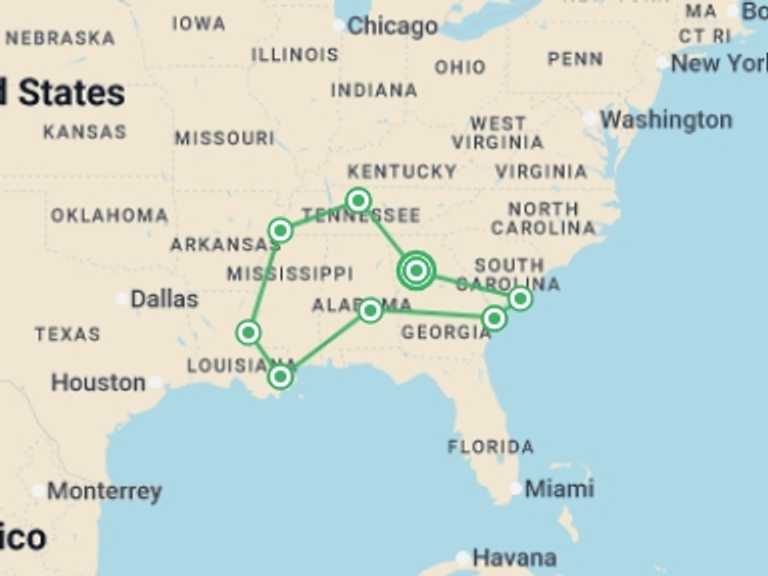 Map of USA Tour with 8 destination visits for the trip: The American South