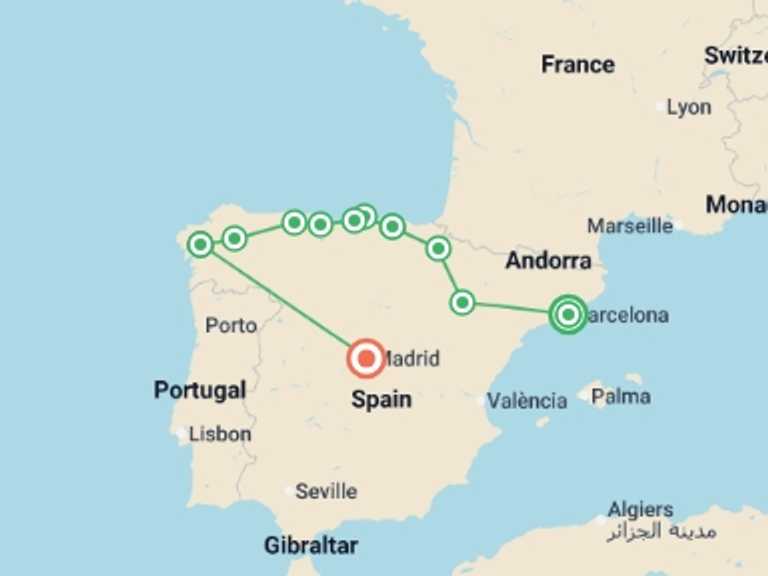 Map of Mediterranean Tour with 6 destination visits for the trip: Barcelona And The North Of Spain