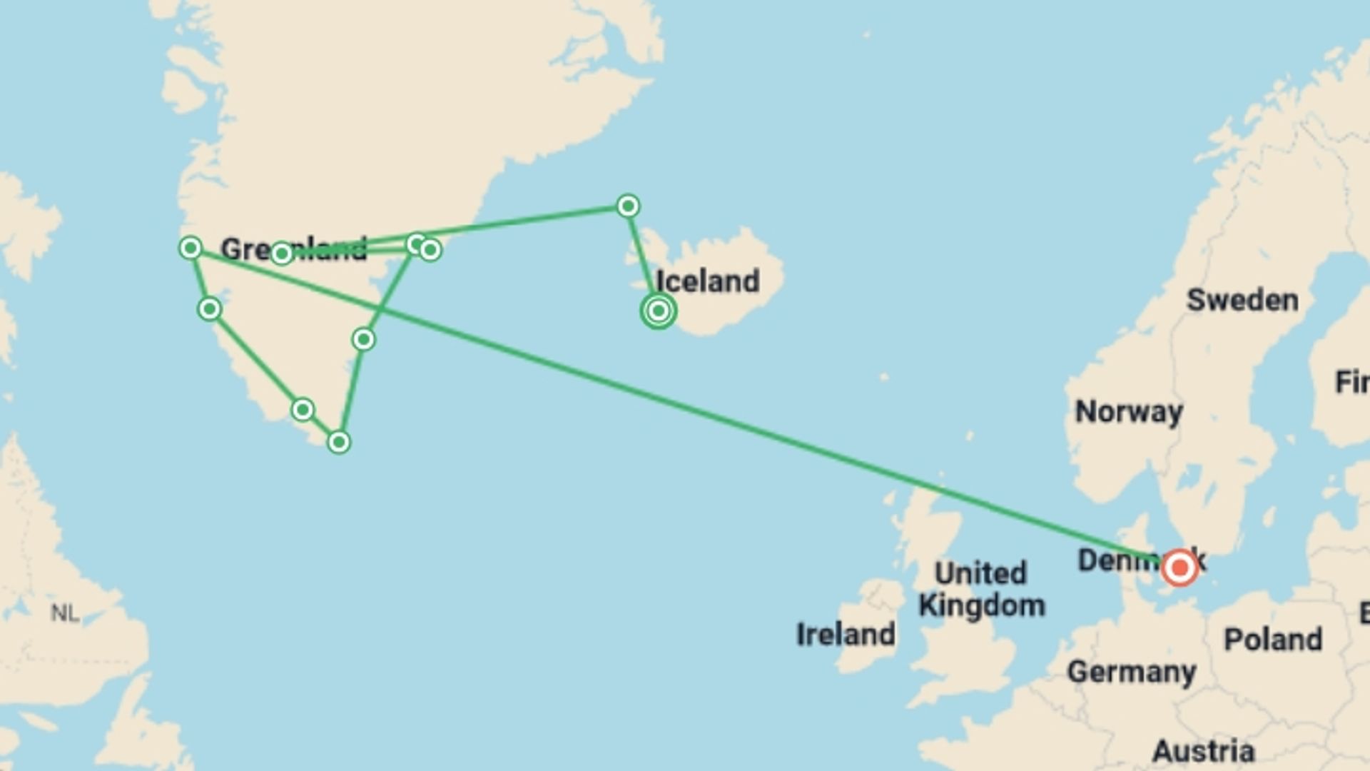 A map showing the tour itinerary for the trip: Greenland Explorer(Ocean Victory), starting in Reykjavik, Iceland and ending in Copenhagen, Denmark going through 9 other destinations.