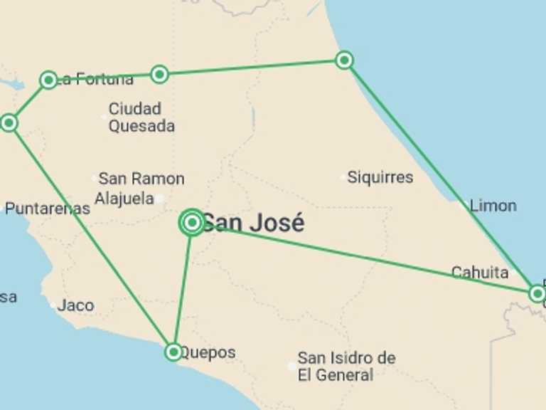 Map itinerary of Costa Rica Tour in May 2026 with 9 destination visits for the trip: Costa Rica Adventure