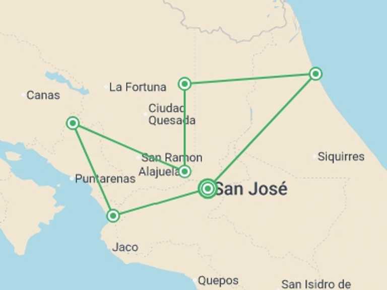Map of Central America Tour with 6 destination visits for the trip: Costa Rica Explorer - 12 days