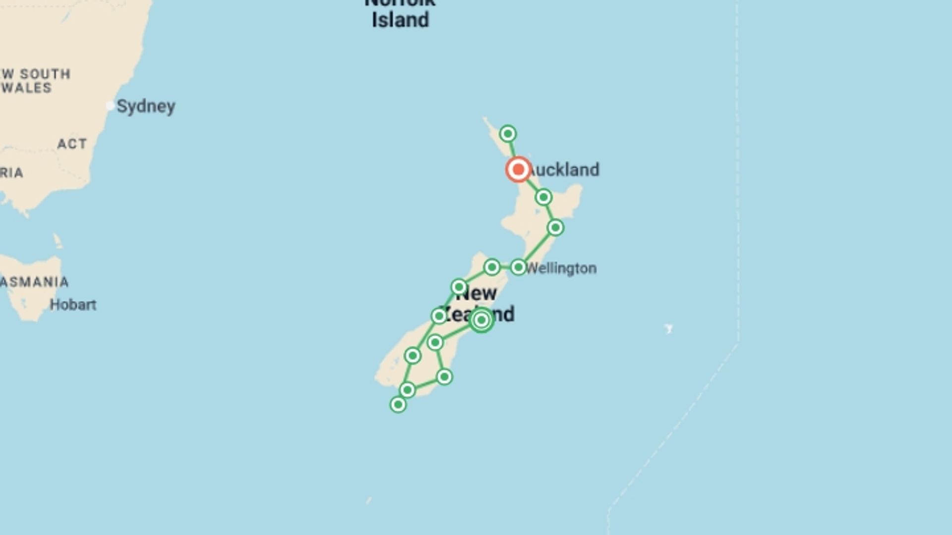 A map showing the tour itinerary for the trip: Spirit of New Zealand, starting in Christchurch, New Zealand and ending in Auckland, New Zealand going through 0 other destinations.