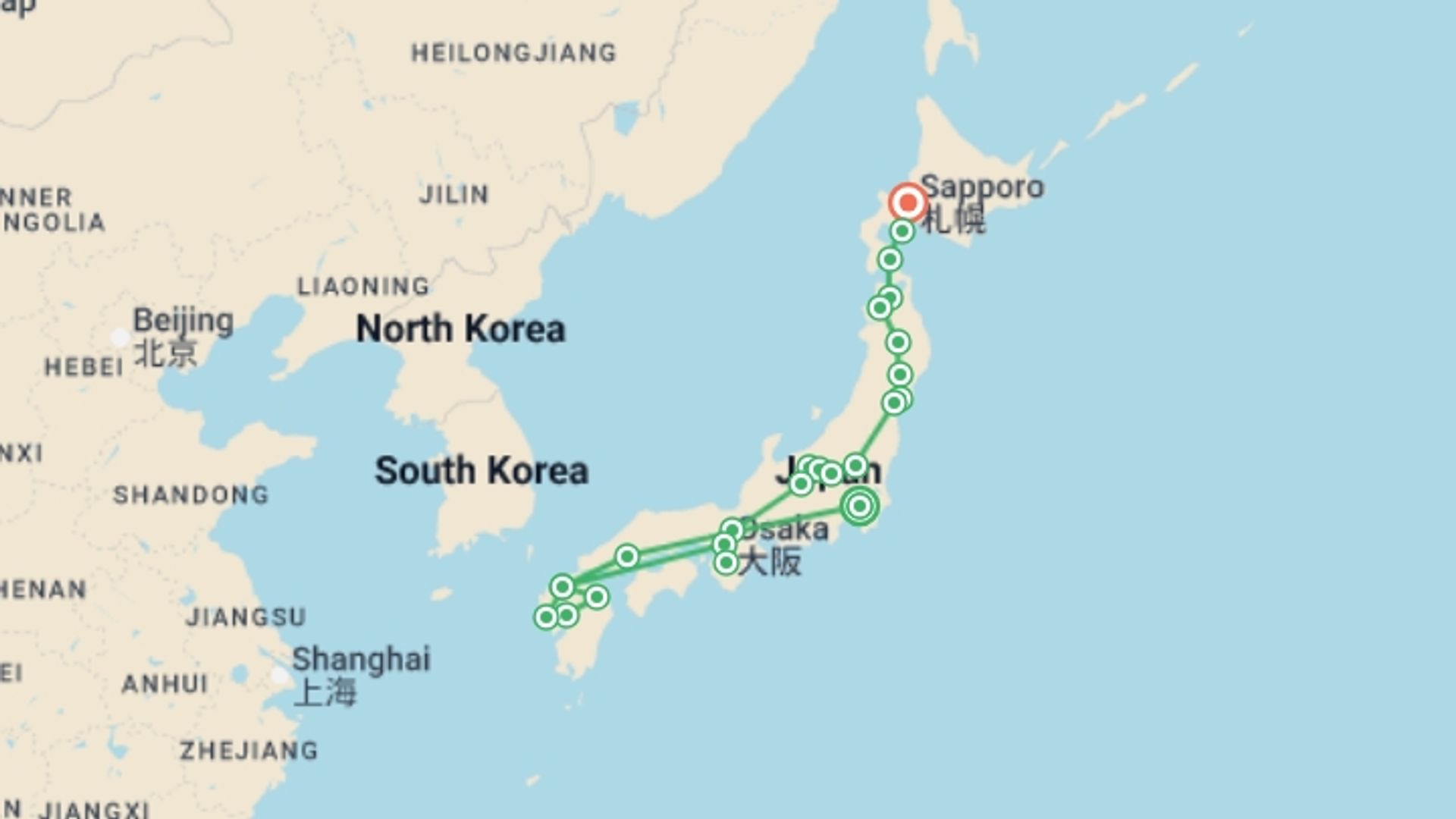 A map showing the tour itinerary for the trip: Grand Tour of Japan: From Nagasaki to Sapporo, starting in Tokyo, Japan and ending in Sapporo, Japan going through 13 other destinations.