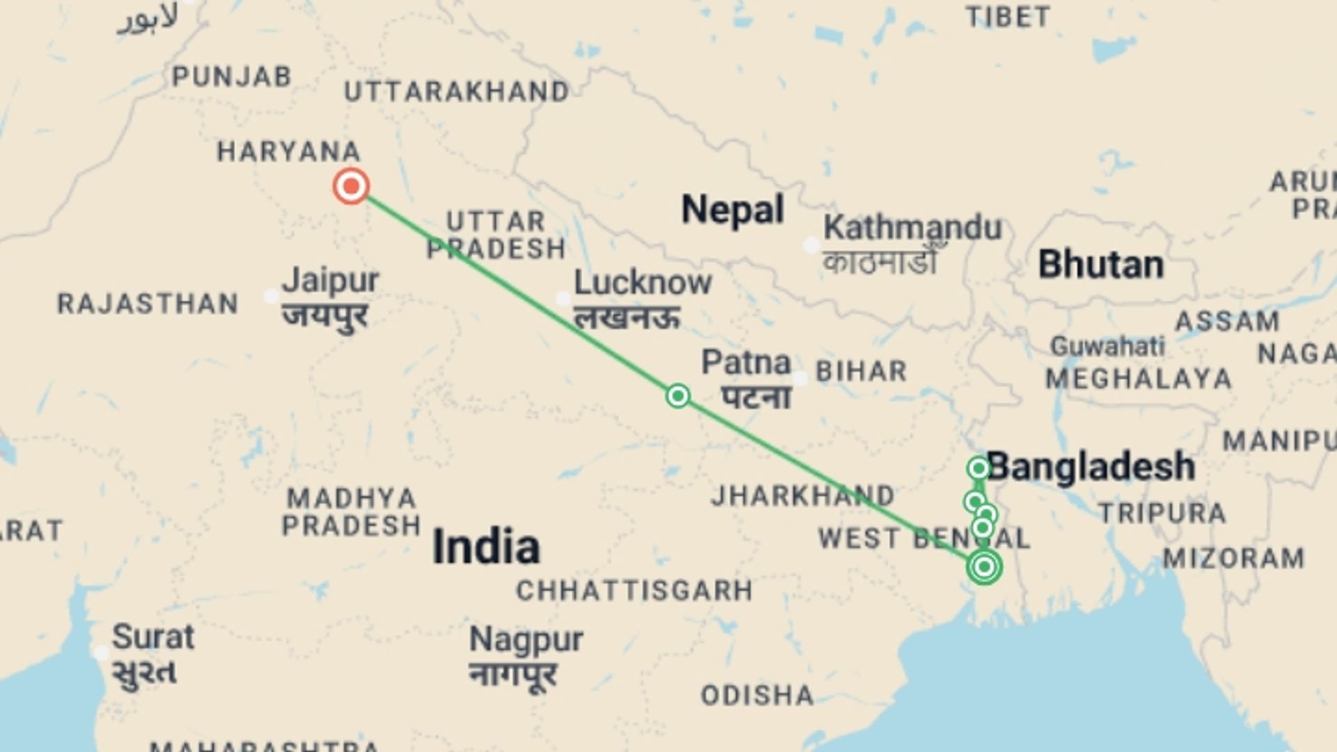 A map showing the tour itinerary for the trip: Cruise on the Ganges: The Sacred Waters between Kolkata and Varanasi (port-to-port cruise), starting in Kolkata, India and ending in New Delhi, India going through 6 other destinations.