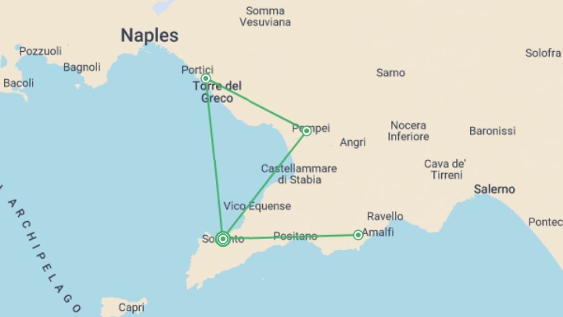 A map showing the tour itinerary for the trip: Discovering Sorrento, starting in Sorrento, Italy and ending in Sorrento, Italy going through 0 other destinations.
