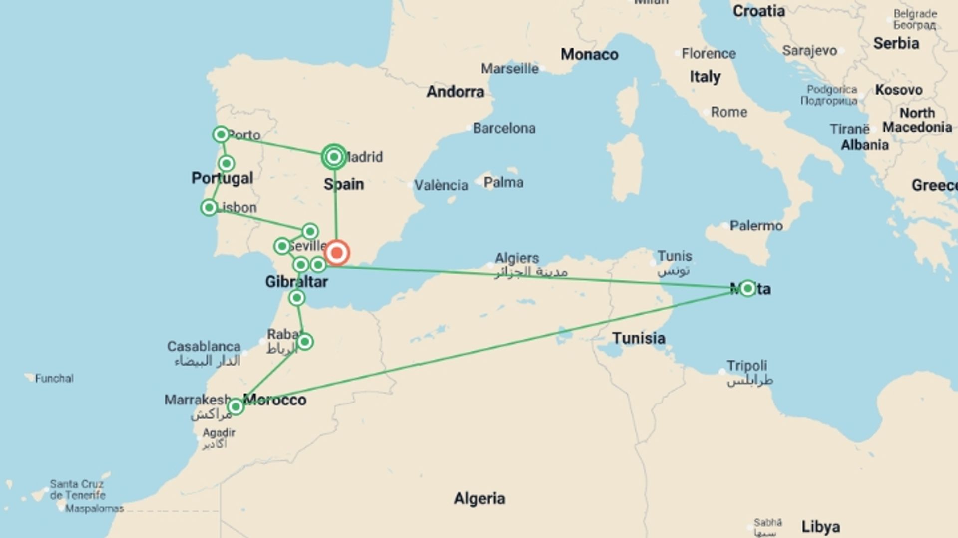 A map showing the tour itinerary for the trip: Amazing Spain Portugal and Morocco, starting in Madrid, Spain and ending in Granada, Spain going through 11 other destinations.
