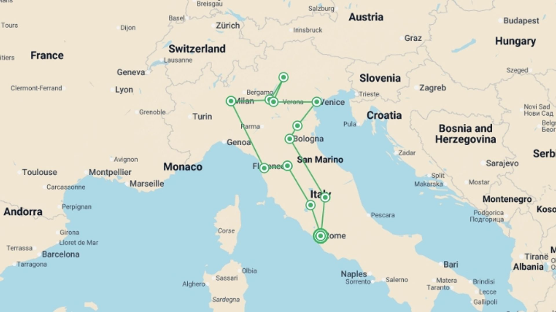 A map showing the tour itinerary for the trip: Italy in Low Season, starting in Rome, Italy and ending in Rome, Italy going through 5 other destinations.