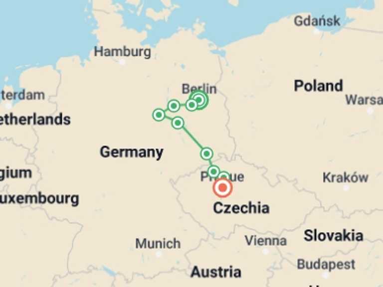 Map of Prague Cruise Tour with 8 destination visits for the trip: Christmas on the most beautiful stops of the Elbe and Vltava, between Berlin and Prague (port-to-port cruise)